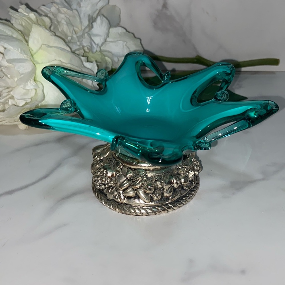 Small Murano Footed Glass Bowl Dish Glass Trinket Tray With Silver Fruit Stand - Picture 3 of 17